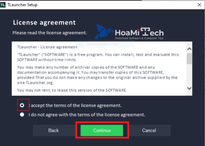 Chọn accept the terms of the license agreement và nhấn continue