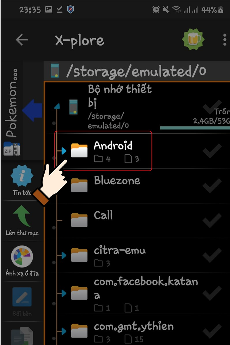 Kéo sang tab phía bên phải > Chọn thư mục Android tại Bộ nhớ trong