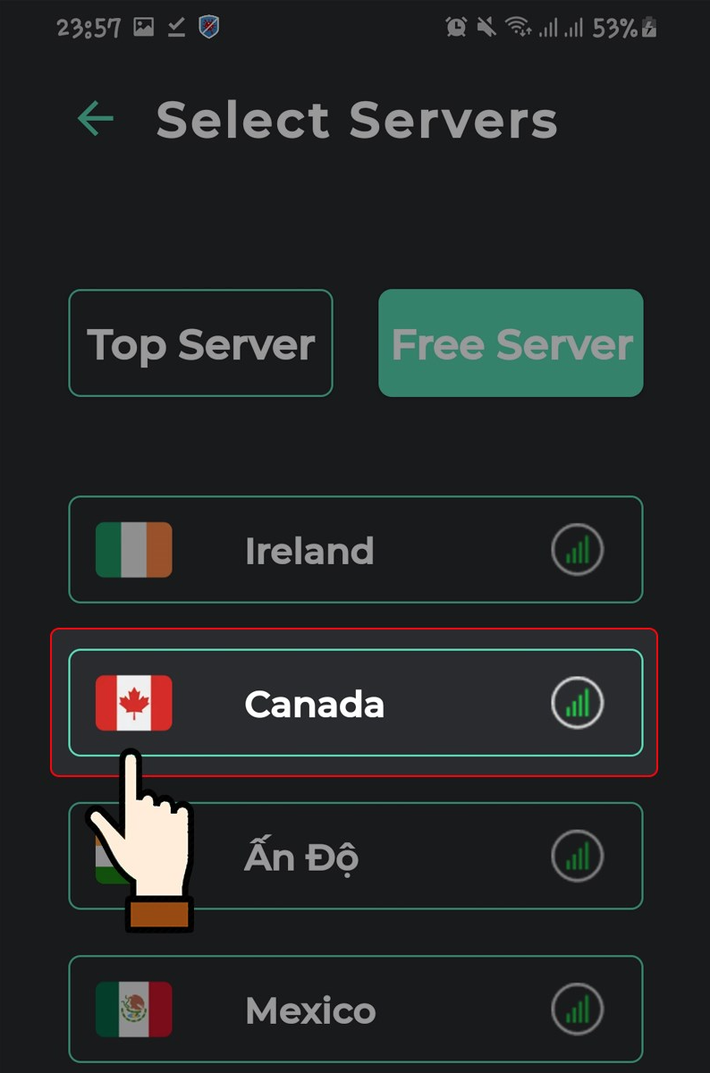 Nhấn chọn Free Server > Chọn quốc gia Canada