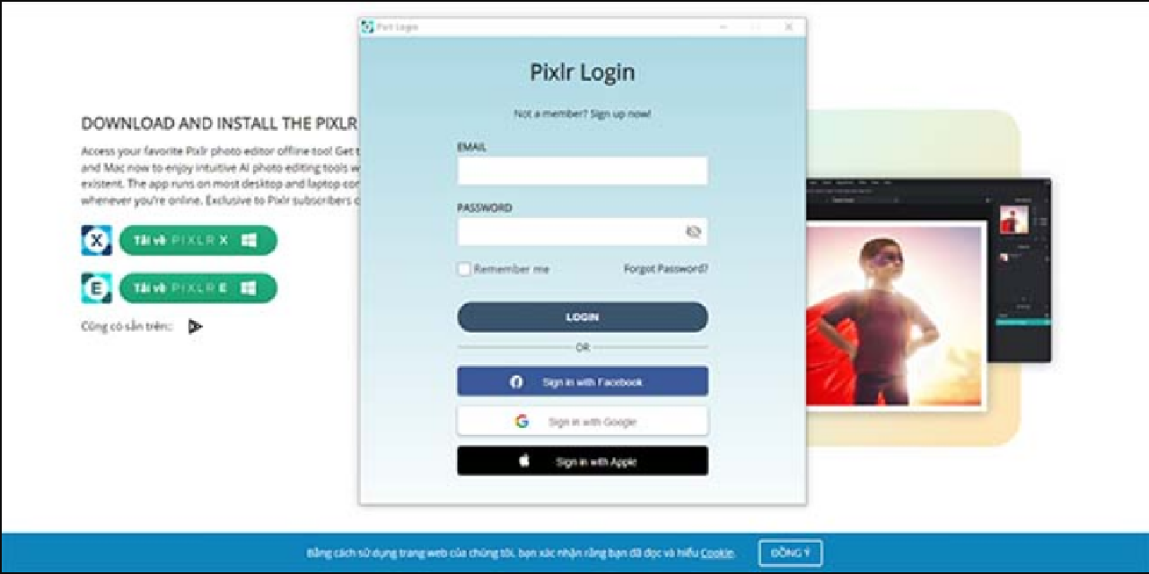 thực hiện bước đăng ký/đăng nhập vào tài khoản Pixlr photo editor